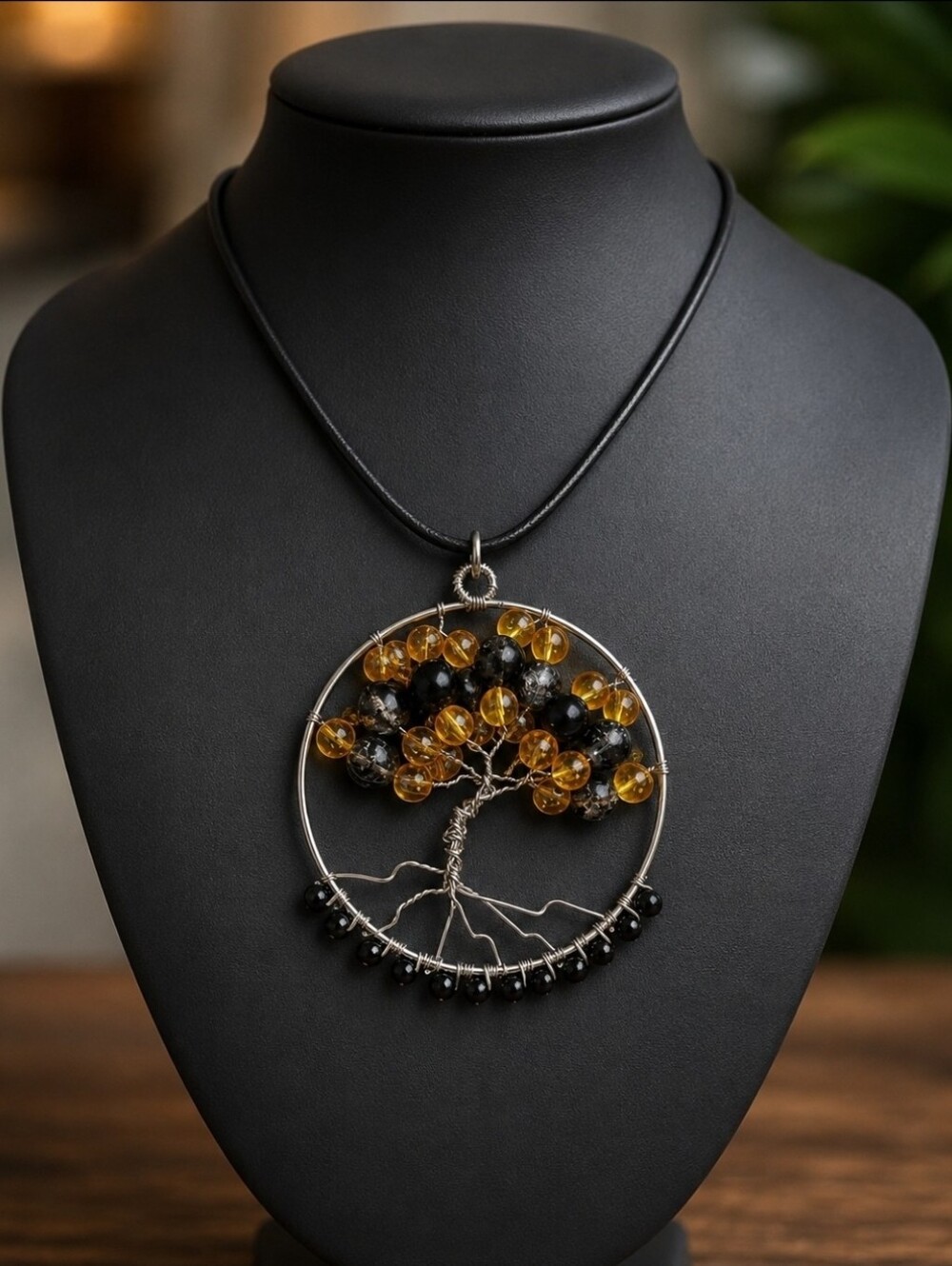 Orange and Black Bead Tree of Life Pendant Necklace